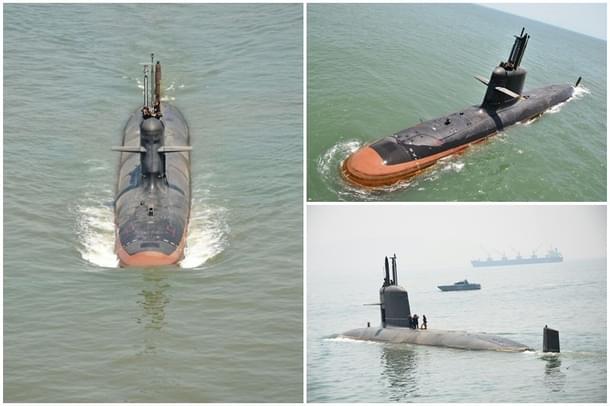 Scorpene-class stealth submarine INS Kalvari during sea trials.
(Indianeagle/Twitter)